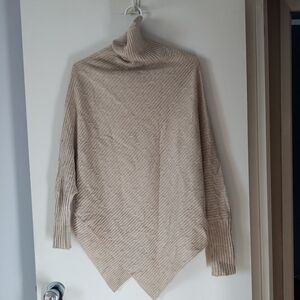 100% Cashmere Cable Stitch Oatmeal Beige Poncho Style Sleeved Sweater O/S